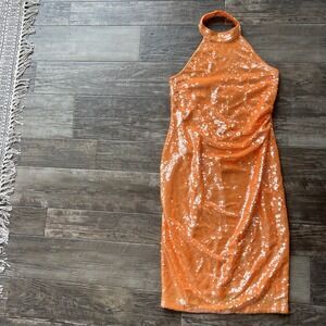 Caroline Constas Pearly Orange Sequin Disco Party Halter Dress Size Medium